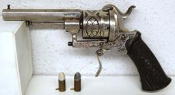 Acier Fondu Engraved European 7 mm Pin Fire Revolver w/2 Rounds 7 mm Pin Fire Marked on Bbl - Acier