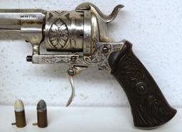 Acier Fondu Engraved European 7 mm Pin Fire Revolver w/2 Rounds 7 mm Pin Fire Marked on Bbl - Acier