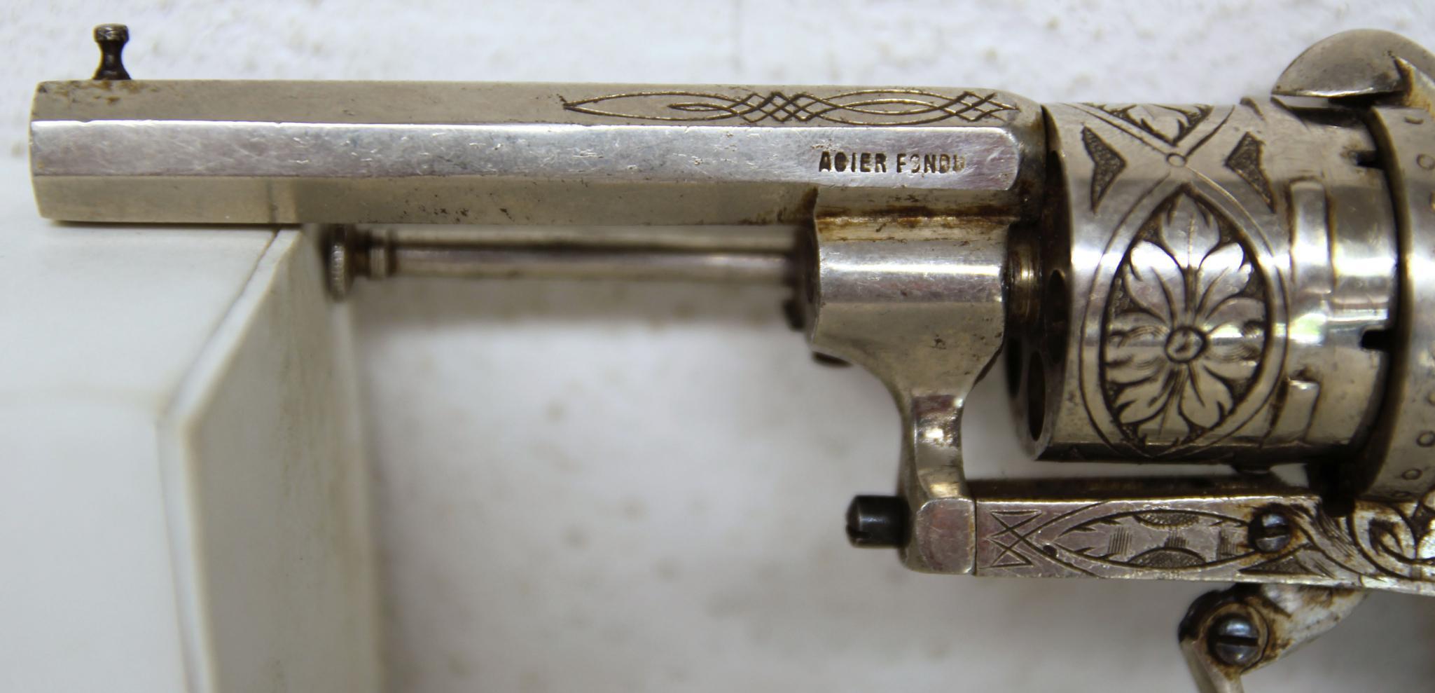 Acier Fondu Engraved European 7 mm Pin Fire Revolver w/2 Rounds 7 mm Pin Fire Marked on Bbl - Acier