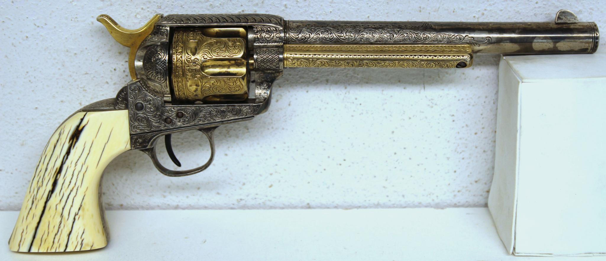 Colt Single Action Army .44 Cal. Sleeved to .22 Cal. Engraved Nickel Plated Revolver w/Gold Wash