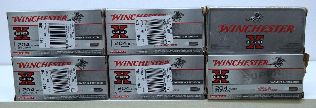 5 Full Boxes, 1 Partial Box of 8 Winchester .204 Ruger 34 gr. JHP Cartridges