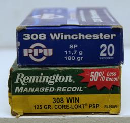 Full Box Remington Managed-Recoil .308 Win. 125 gr. PSP Cartridges and Partial Box 9 PPU .308 Win.