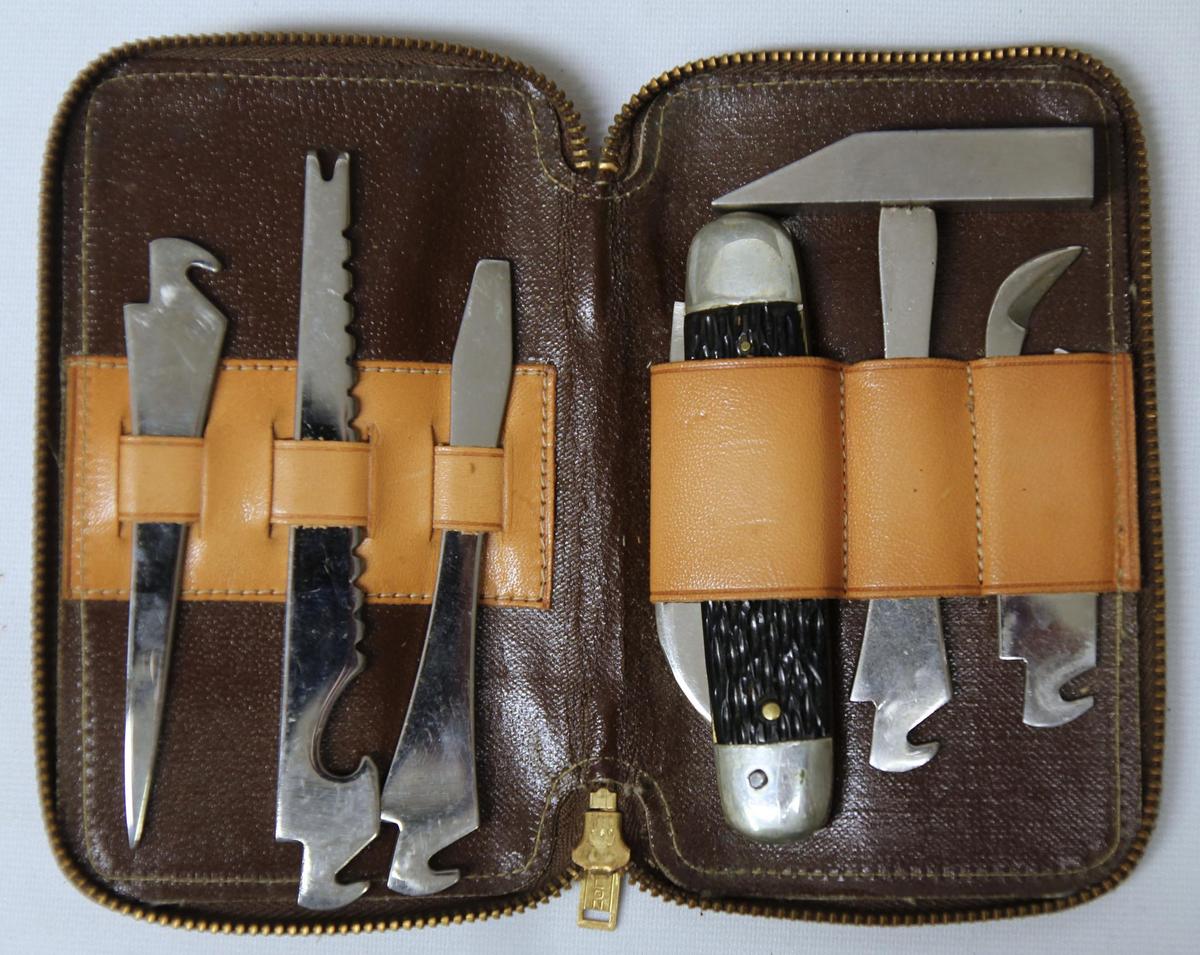 Utica Cutlery Co. Pocket Knife w/Attachable Tools in Leather Case, Case Mkd. Boyd Coffe Co. on Back