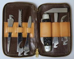 Utica Cutlery Co. Pocket Knife w/Attachable Tools in Leather Case, Case Mkd. Boyd Coffe Co. on Back