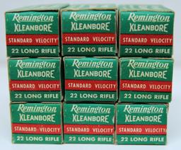 9 Full Vintage Boxes Remington Kleanbore Standard Velocity .22 LR Cartridges