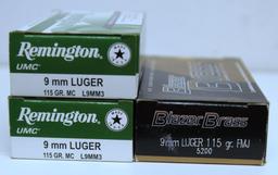 2 Full Boxes Remington 9 mm Luger 115 gr. Metal Case Cartridges and Full Box Blazer 9 mm Luger 115