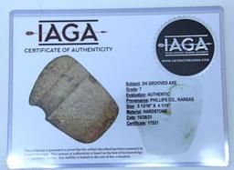 Native American Indian Grooved Axe, 6" x 4", with IAGA...Authentification and Grade Certificate, Fou