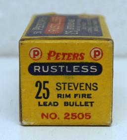 Full Vintage Box Peters Rustless .25 Stevens Rimfire Cartridges Ammunition...