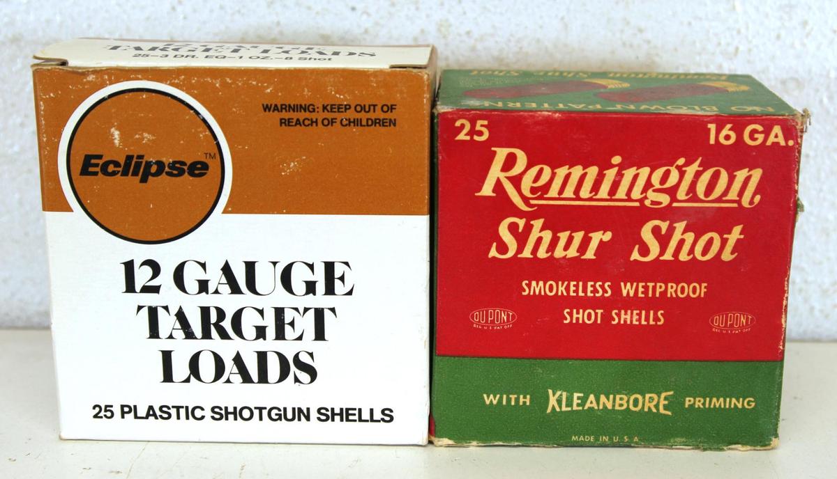 Partial Vintage Box of 9 Remington Shur Shot 16 Ga. 8 Shot and Full Box Eclipse 12 Ga. 8 Shot Target