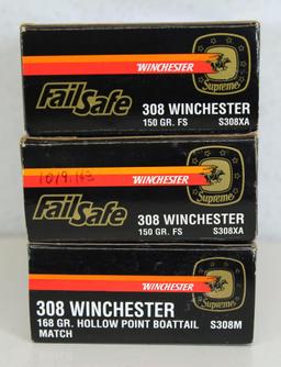 3 Full Boxes Winchester .308 Win. Cartridges Ammunition... - 2 Boxes Supreme Fail Safe 150 gr. FS, 1