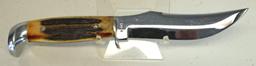 Case XX 523-5 Fixed Blade Hunting Knife with Leather Sheath - 9 3/8" Overall, Snap broken on Sheath.