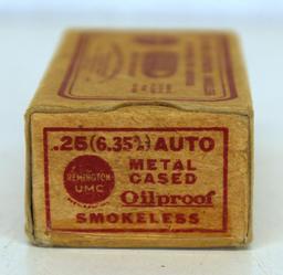 Full Vintage Box Remington UMC .25 Automatic Cartridges Ammunition - Old Tape on One End...