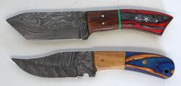 2 Damascus Steel Fixed Blade Knives with Leather Sheaths, 1 8" Overall, 1 8 1/2" Overall - Hand made