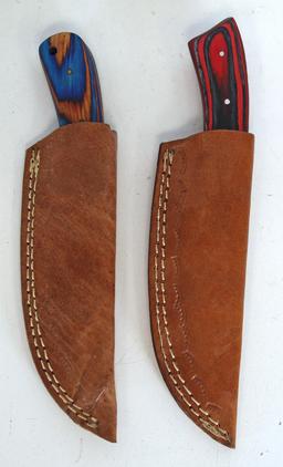 2 Damascus Steel Fixed Blade Knives with Leather Sheaths, 1 8" Overall, 1 8 1/2" Overall - Hand made