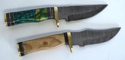 2 Damascus Steel Fixed Blade Knives with Leather Sheaths, 8" Overall - Hand made Damascus steel