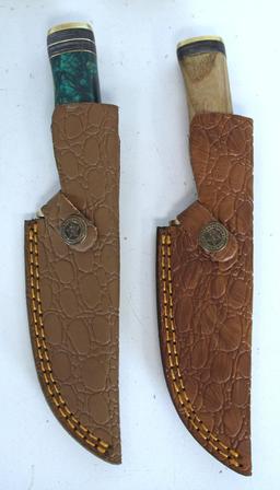 2 Damascus Steel Fixed Blade Knives with Leather Sheaths, 8" Overall - Hand made Damascus steel