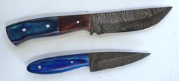 2 Damascus Steel Fixed Blade Knives with Leather Sheaths, 1 8 1/4" Overall, 1 6" Overall - Hand made