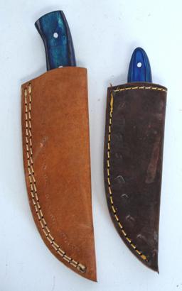 2 Damascus Steel Fixed Blade Knives with Leather Sheaths, 1 8 1/4" Overall, 1 6" Overall - Hand made