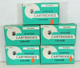 5 Full Boxes Made in Russia 7.62x54R Hunting Cartridges Ammunition...