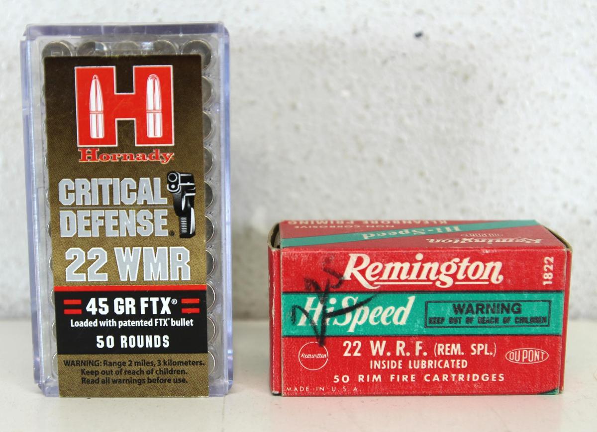 Full Box Hornady Critical Defense .22 WMR 45 gr. FTX and Full Vintage Box Remington .22 WRF (Rem