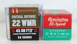 Full Box Hornady Critical Defense .22 WMR 45 gr. FTX and Full Vintage Box Remington .22 WRF (Rem