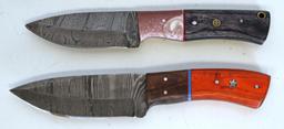 2 Damascus Steel Fixed Blade Knives with Leather Sheaths, 1 8 1/4" Overall, 1 8" Overall - Hand made