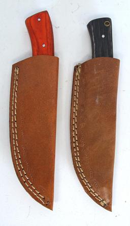 2 Damascus Steel Fixed Blade Knives with Leather Sheaths, 1 8 1/4" Overall, 1 8" Overall - Hand made