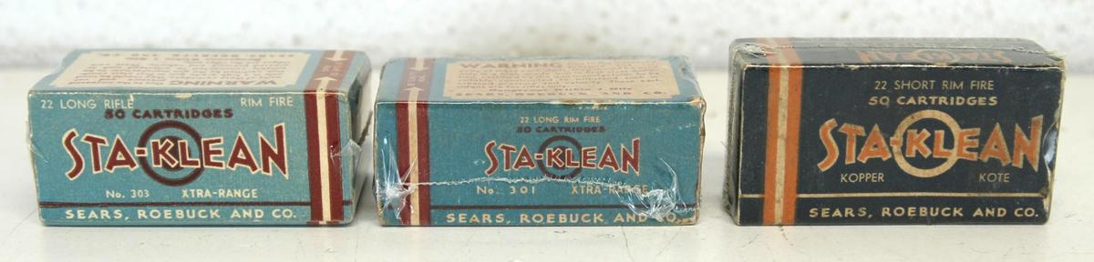 3 Different Full Vintage Sears, Roebuck Sta-Klean Cartridges Ammunition - .22 LR HP, .22 Long, .22