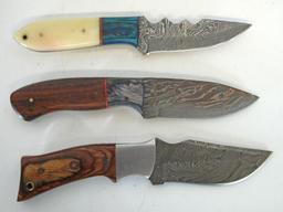 3 Damascus Steel Fixed Blade Hunting Knives with Leather Sheaths - All 3 about 8" Overall...