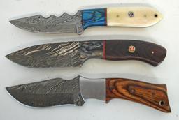 3 Damascus Steel Fixed Blade Hunting Knives with Leather Sheaths - All 3 about 8" Overall...