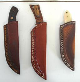 3 Damascus Steel Fixed Blade Hunting Knives with Leather Sheaths - All 3 about 8" Overall...