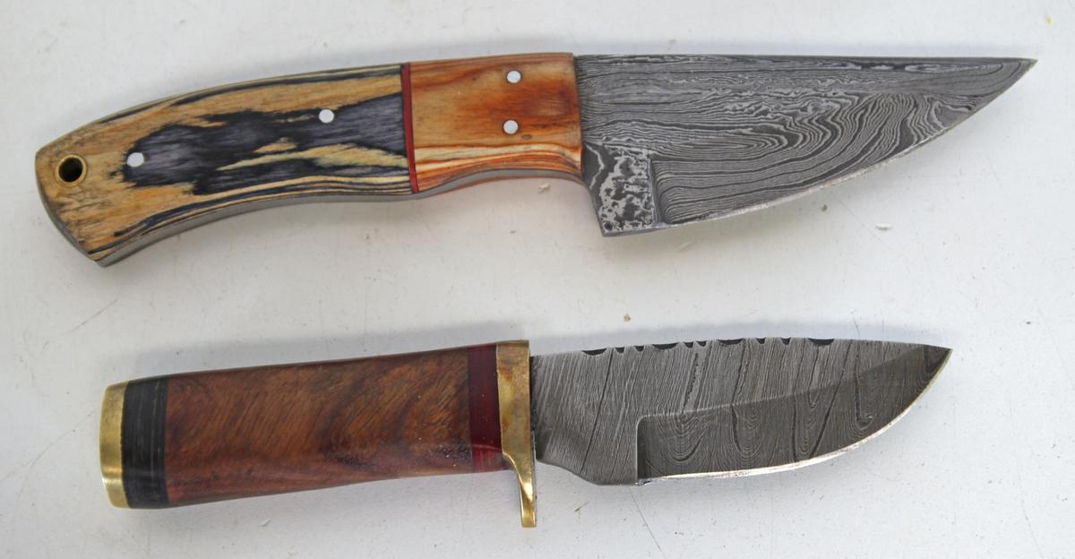 2 Damascus Steel Fixed Blade Knives with Leather Sheaths, 1 8" Overall, 1 6 1/2" Overall - Hand made