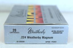 Full Box Weatherby Ultra-Velocity .224 Weatherby Magnum 55 gr. Spire Point Cartridges Ammunition...