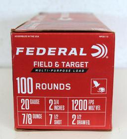 Full 100 Count Box Federal 20 Ga. 7 1/2 Shot Field and Target Shotshells Ammunition...