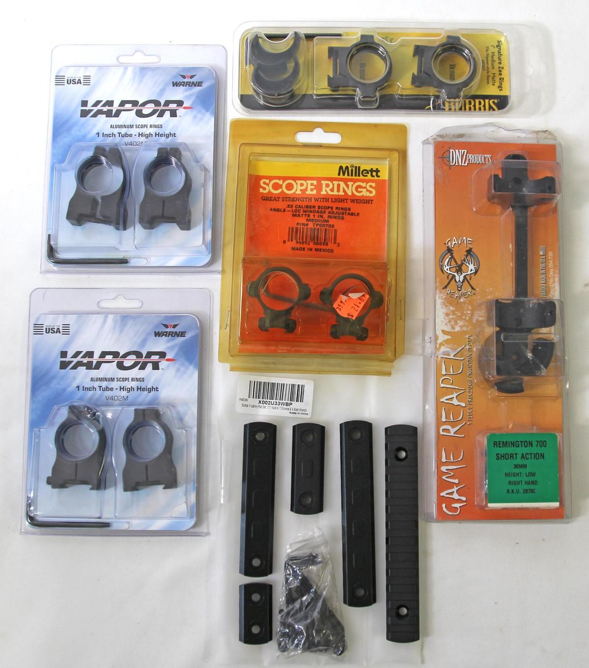 Mixed Box Lot Scope Rings and Scope Mounts - Burris 1" Zee Rings, 2 Warne Vapor 1", Millett .22
