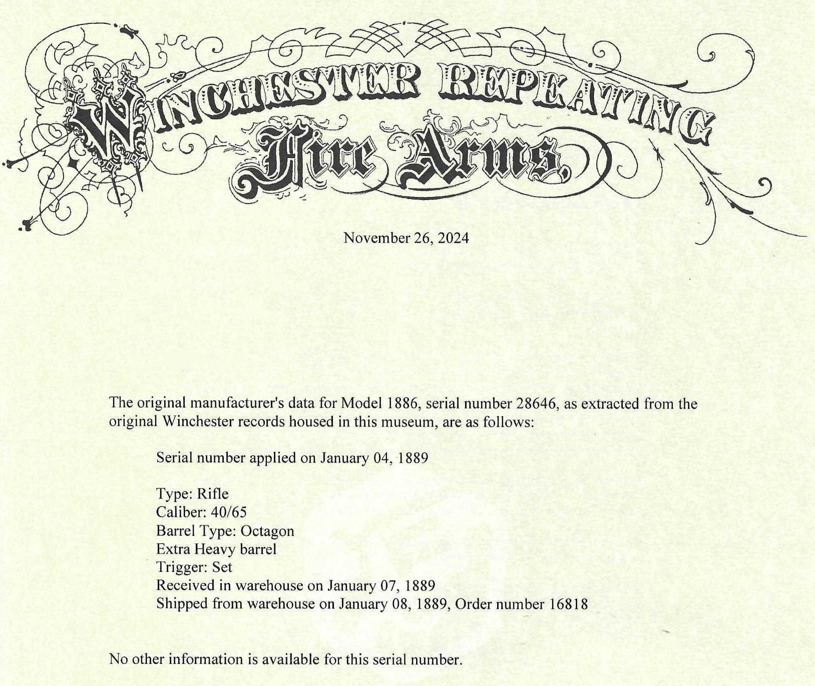 Winchester Model 1886 .40-65 WCF Lever Action Rifle w/Winchester Letter... 26" Octagon Barrel...