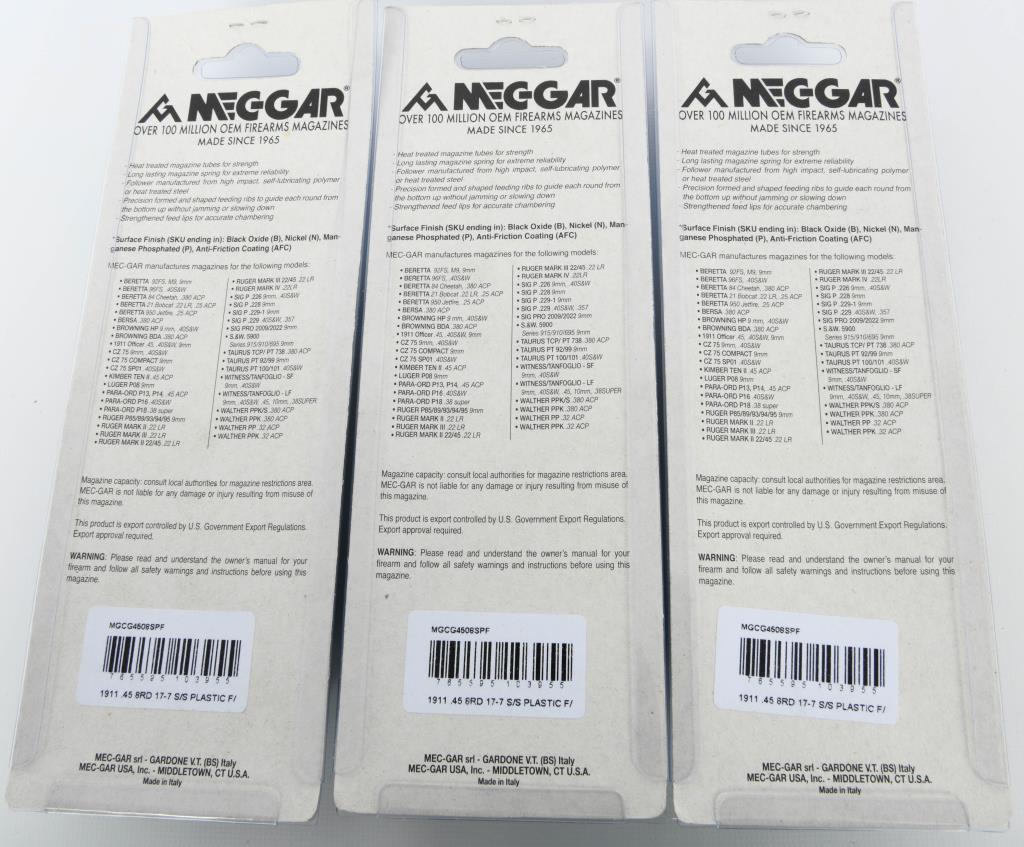 3 NIP Mec-Gar 8 Round .45 Cal 1911 Magazines