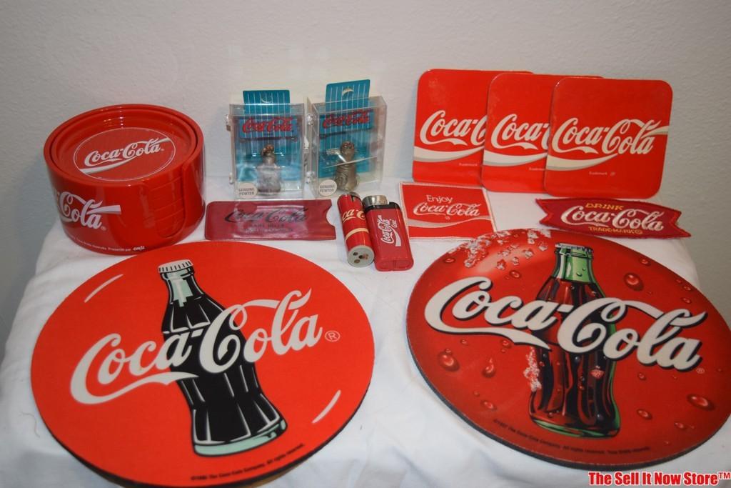 Lot of Vintage Coca-Cola Collectibles Mouse Pads Cork Coasters Patches Pouch Thimbles
