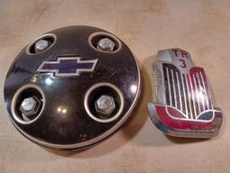 Triumph TR3 Enamel/Chrome Bonnet Badge Medallion and Chevrolet 4-Lug Hub Cap Center Piece