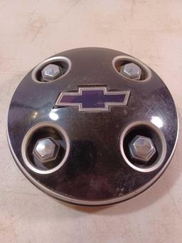 Triumph TR3 Enamel/Chrome Bonnet Badge Medallion and Chevrolet 4-Lug Hub Cap Center Piece