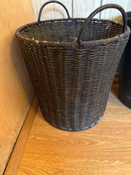1 Wicker Basket With Handles/ 3 Plastic Bathroom Trash Cans