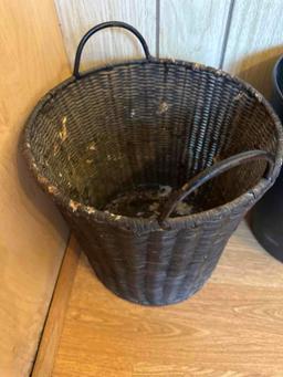 1 Wicker Basket With Handles/ 3 Plastic Bathroom Trash Cans