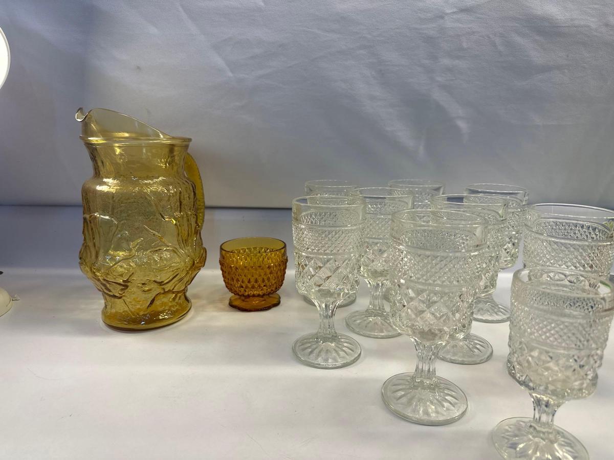 Vintage Amber Glass Pitcher With Flower Pattern and 1 Amber Glass / Set of 8 Wine Glasses