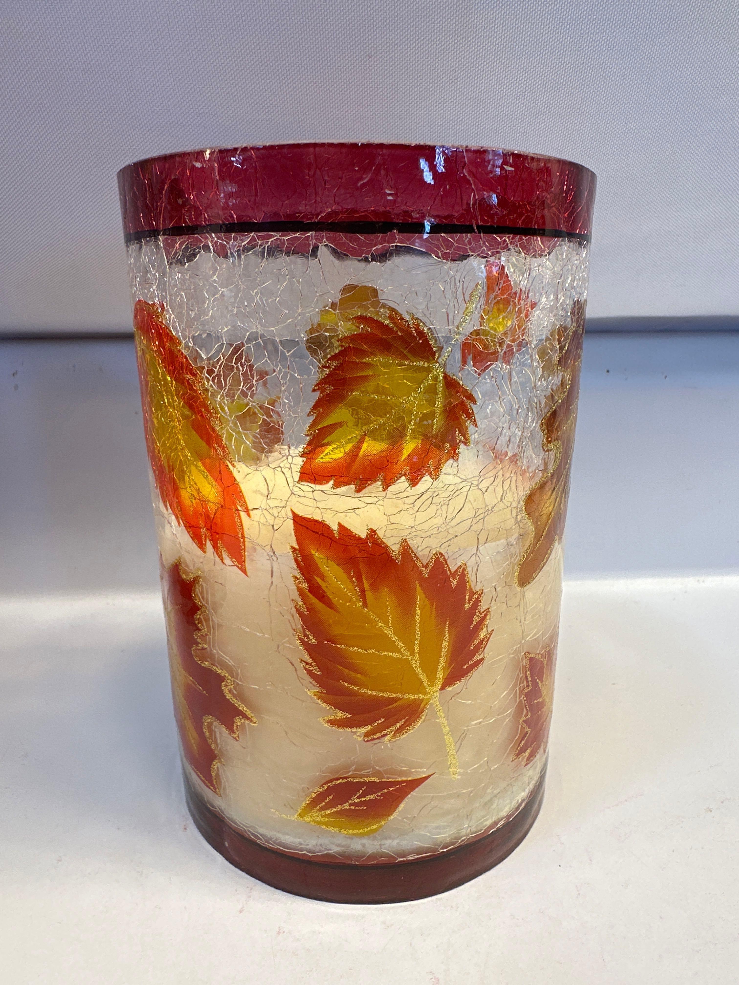 Fall LED Flameless Candle Crackle Glass/ Glass Vase With Fall Decor Inside