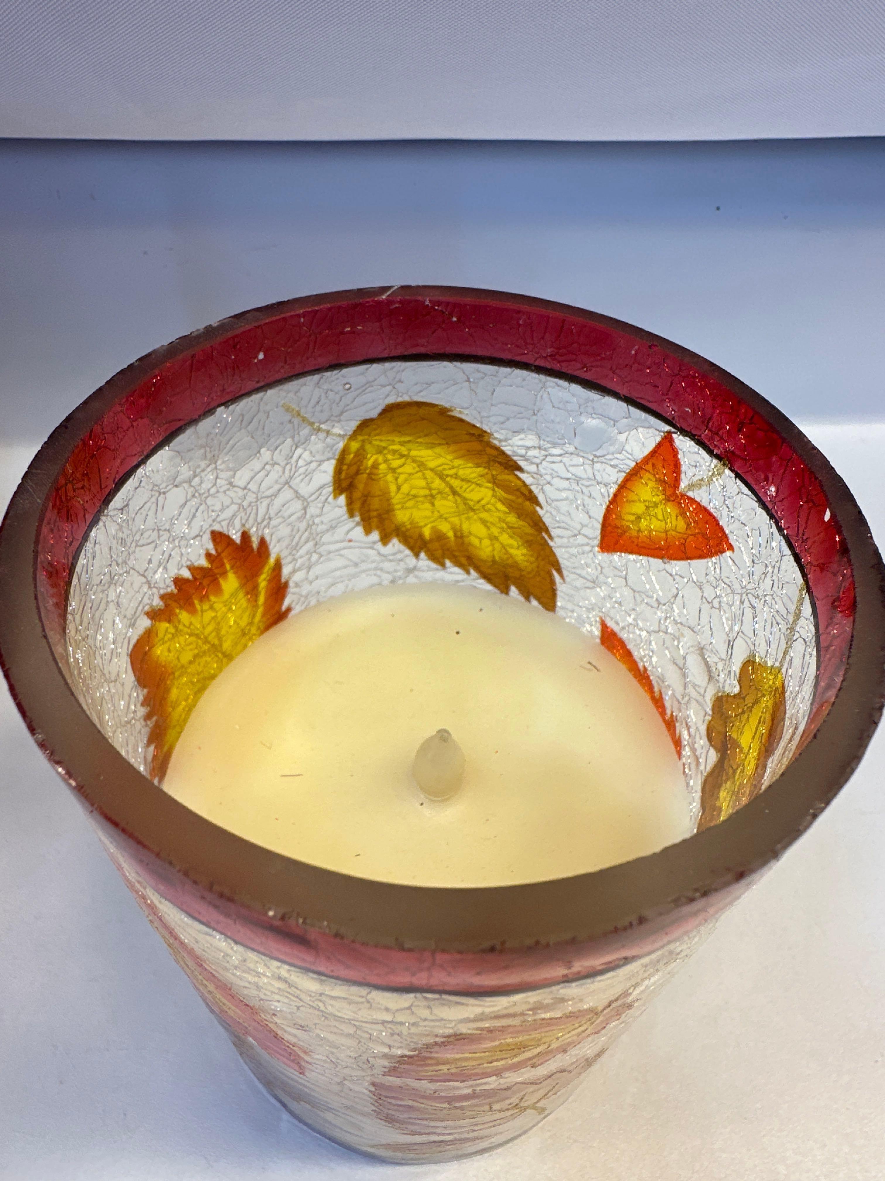 Fall LED Flameless Candle Crackle Glass/ Glass Vase With Fall Decor Inside