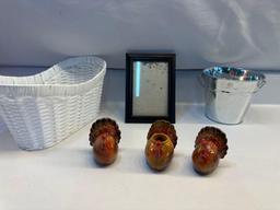Ceramic Turkey Salt/Pepper/Toothpick Holders, White Plastic Basket, Plastic Picture Frame , Etc