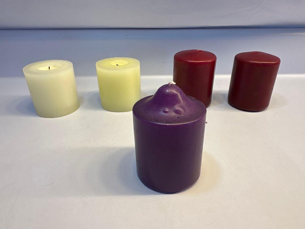 Set of 2 Cream Colored Candles/ Set of 2 Burgundy Candles/ 1 Purple Candle