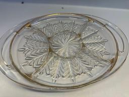 Vintage Divided Gold Trim Glass Serving Tray With Handles