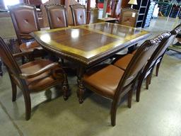 SOLID WOOD 7’-10’ TABLE W/2 ARM CHAIRS & 8 SIDE CHAIRS (HAS 2 LEAFS)