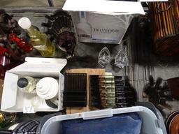 GLASS BOTTLES, CANDLE HOLDERS, FULL SIZE SHEET, BLANKET & MISC